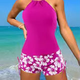Traje de baño tankini para mujer – Espalda abierta – Pantalón corto floral con lazo frontal – Tejido transpirable