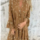 Vestido de mujer – Corte evasé – Mangas de encaje – Bajo con volantes – Detalles metalizados