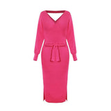 Vestido de jersey para mujer – Corte entallado – Cuello en V – Largo midi – Cinturón para atar
