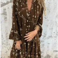 Vestido de mujer – Corte evasé – Mangas de encaje – Bajo con volantes – Detalles metalizados