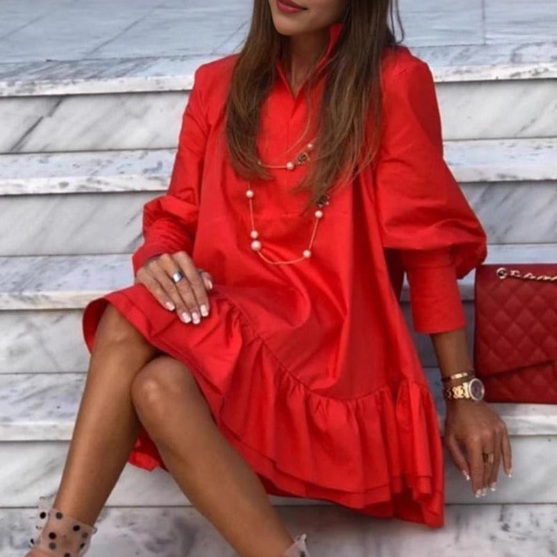 Vestido mini para mujer – Algodón suave – Mangas largas – Corte fluido – Bajo con volantes