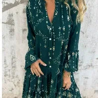 Vestido de mujer – Corte evasé – Mangas de encaje – Bajo con volantes – Detalles metalizados