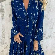 Vestido de mujer – Corte evasé – Mangas de encaje – Bajo con volantes – Detalles metalizados