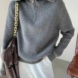 Suéter de mujer – Lana – Corte holgado – Cuello con cremallera – Ribete de canalé