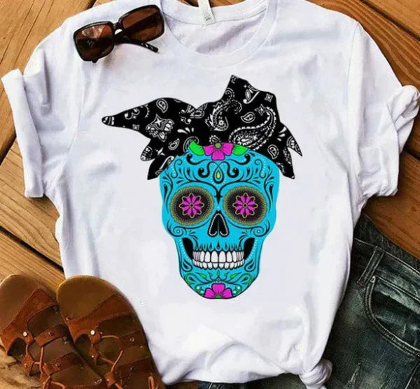 Camiseta de mujer – Corte holgado – Algodón suave – Manga corta – Estampado de calavera