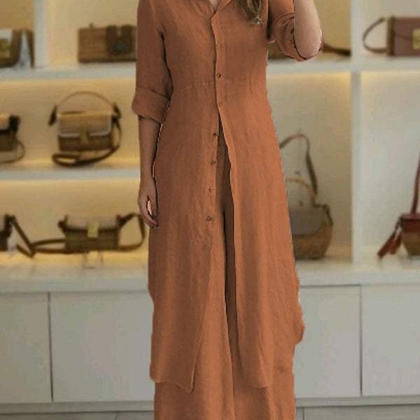 Conjunto de dos piezas para mujer: blusa holgada con botones, pantalones anchos y algodón ligero.