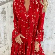 Vestido de mujer – Corte evasé – Mangas de encaje – Bajo con volantes – Detalles metalizados