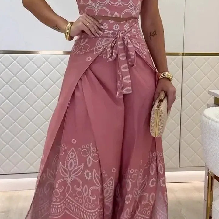 Conjunto de mujer: Top corto sin espalda y pantalón ancho con lazo en la cintura y estampado retro.