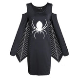 Vestido corto de mujer – Corte evasé – Hombros descubiertos – Estampado de araña – Mangas de red