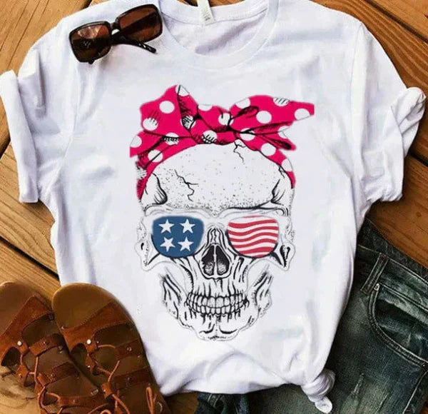 Camiseta de mujer – Corte holgado – Algodón suave – Manga corta – Estampado de calavera