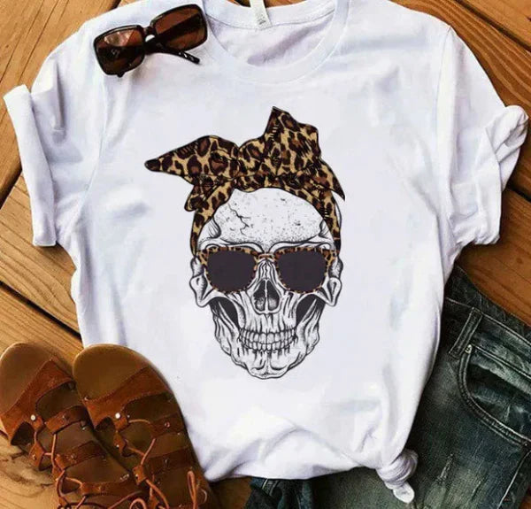 Camiseta de mujer – Corte holgado – Algodón suave – Manga corta – Estampado de calavera