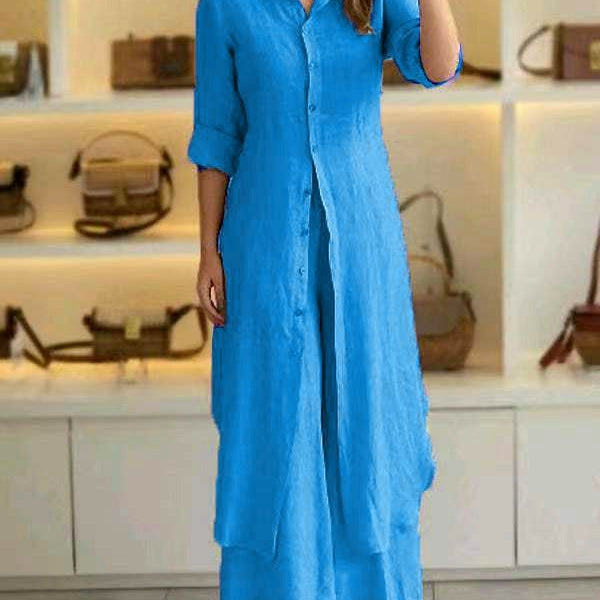 Conjunto de dos piezas para mujer: blusa holgada con botones, pantalones anchos y algodón ligero.