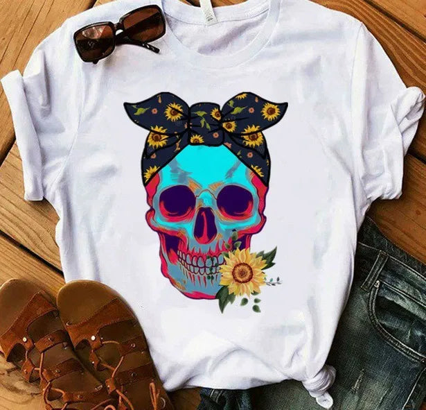 Camiseta de mujer – Corte holgado – Algodón suave – Manga corta – Estampado de calavera