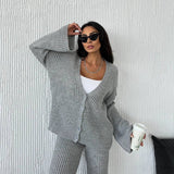 Conjunto de ropa de estar por casa para mujer – Punto acanalado – Corte holgado – Top con botones delanteros y mangas anchas