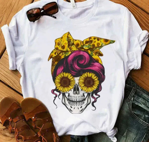 Camiseta de mujer – Corte holgado – Algodón suave – Manga corta – Estampado de calavera
