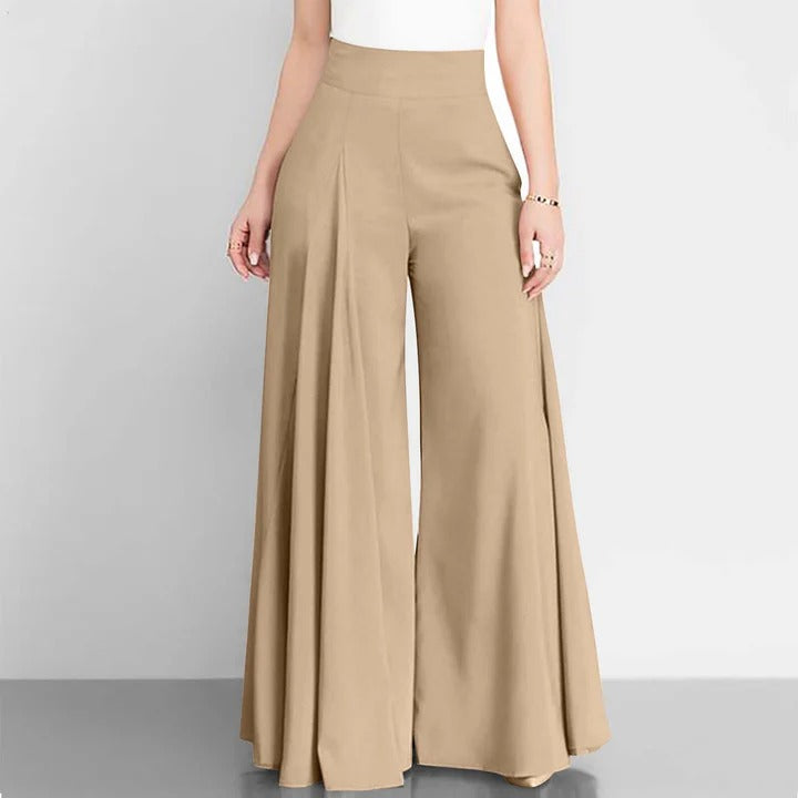 Pantalones de mujer - Tejido - Cintura alta - Pierna ancha - Pliegues delanteros - Largo hasta el tobillo