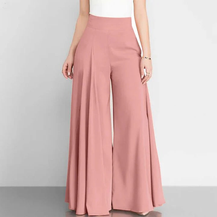 Pantalones de mujer - Tejido - Cintura alta - Pierna ancha - Pliegues delanteros - Largo hasta el tobillo