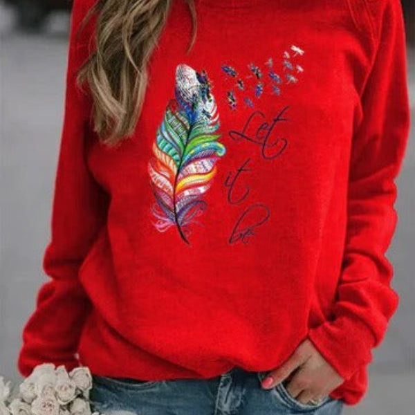Suéter de mujer – Corte holgado – Algodón suave – Estampado de plumas – Mangas largas