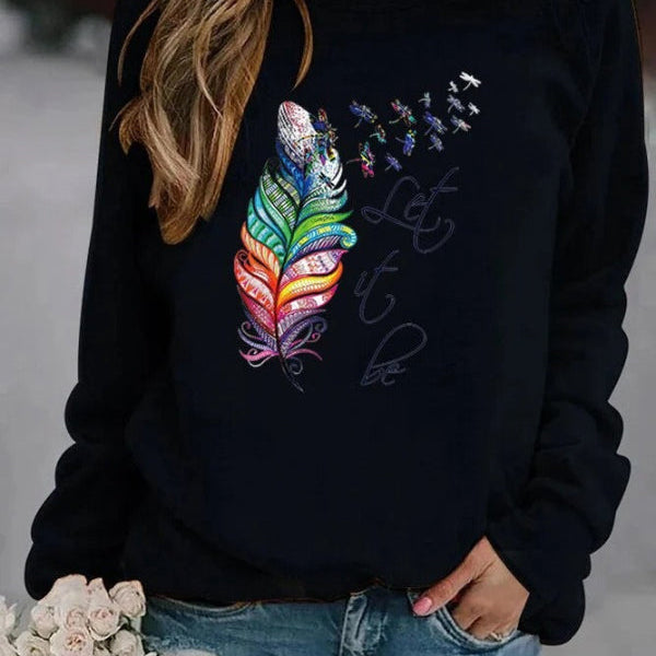 Suéter de mujer – Corte holgado – Algodón suave – Estampado de plumas – Mangas largas