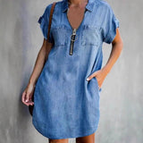 Vestido vaquero para mujer – Corte relajado – Mangas cortas – Cierre de cremallera – Bolsillos multiusos