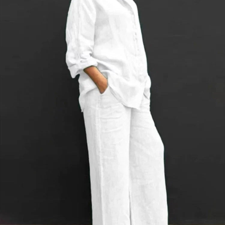 Top de mujer oversize – Lino – Cuello clásico – Mangas largas abotonadas