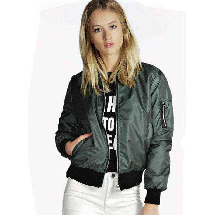 Chaqueta bomber para mujer – corte corto – satén ligero – cierre de cremallera – estilo casual