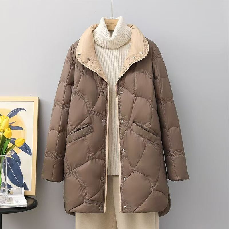 Chaqueta larga para mujer – Plumón ligero – Corte holgado – Cuello alto – Acolchado cálido