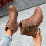 Botines de mujer – Piel sintética lisa – Tacón cuadrado – Tiras con hebillas decorativas con cremallera