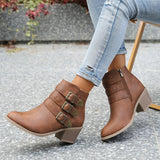 Botines de mujer – Piel sintética lisa – Tacón cuadrado – Tiras con hebillas decorativas con cremallera