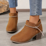 Botines de mujer – Efecto ante – Tacón bloque – Tira decorativa – Cierre de cremallera