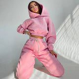 Conjunto de ropa de estar por casa para mujer: corte holgado, sudadera corta con capucha y pantalones con cordón en la cintura.