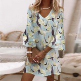 Vestido corto de mujer – Corte holgado – Cuello en V – Mangas 3/4 acampanadas – Tejido transpirable