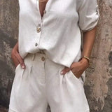 Blusa de mujer – Corte holgado – Lino y algodón – Manga corta – Cuello abotonado
