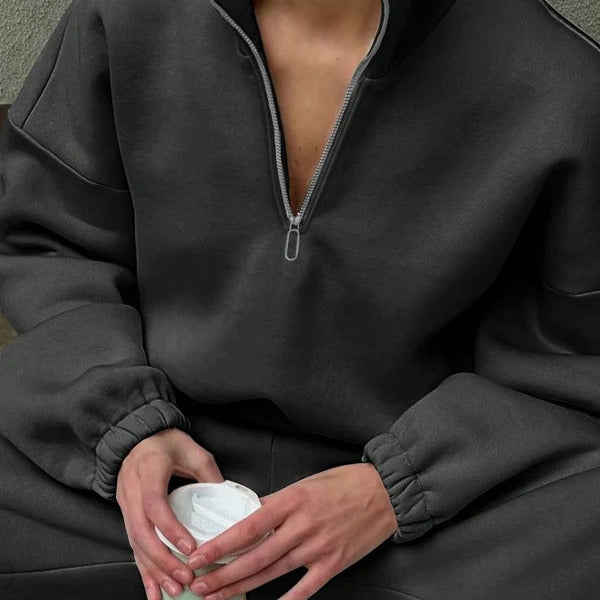 Suéter de mujer de gran tamaño – Cuello alto con cremallera – Algodón suave – Corte relajado