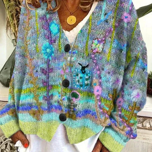 Cárdigan de mujer – Corte oversize – Punto grueso – Estampados artísticos – Abotonado
