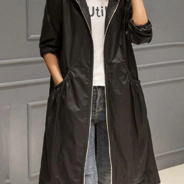 Gabardina de mujer – Impermeable con capucha – Corte recto – Largo hasta la rodilla – Estilo casual