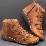 Botines de mujer – Tacón bajo – Punta redonda – Piel suave – Cierre con cordones y cremallera