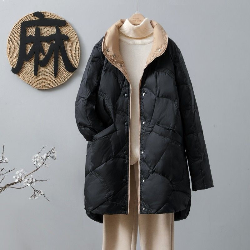 Chaqueta larga para mujer – Plumón ligero – Corte holgado – Cuello alto – Acolchado cálido