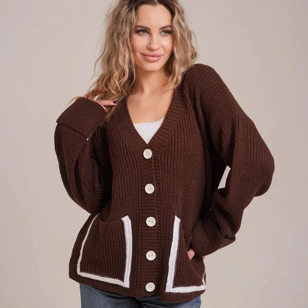 Chaleco de punto para mujer – Corte holgado – Cuello en V profundo – Textura acanalada – Bolsillos de parche