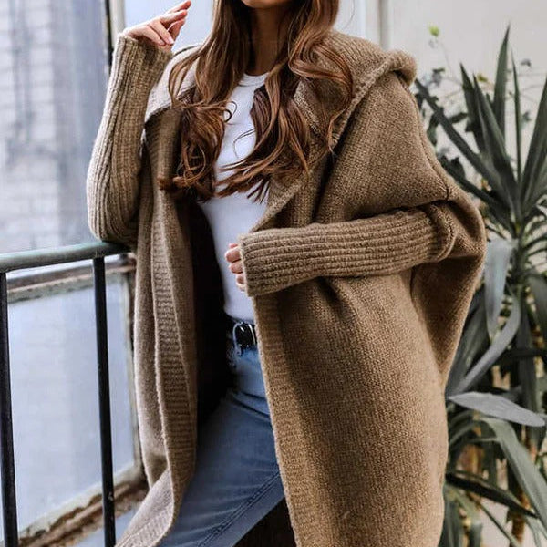 Cárdigan de mujer – Punto suave – Corte holgado – Capucha – Parte delantera abierta – Ribete de canalé