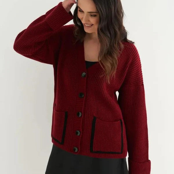 Chaleco de punto para mujer – Corte holgado – Cuello en V profundo – Textura acanalada – Bolsillos de parche