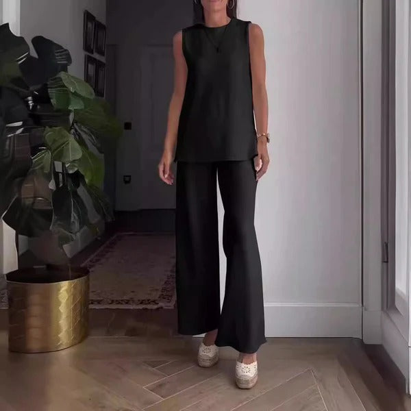 Conjunto de blusa sin mangas y pantalón palazzo para mujer – Corte holgado – Algodón suave