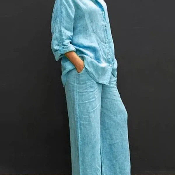 Top de mujer oversize – Lino – Cuello clásico – Mangas largas abotonadas