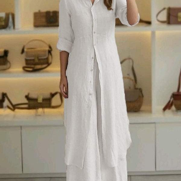 Conjunto de dos piezas para mujer: blusa holgada con botones, pantalones anchos y algodón ligero.