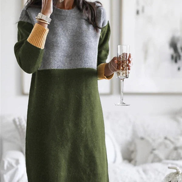 Vestido de punto para mujer – Corte holgado – Lana – Mangas largas – Bloques de color