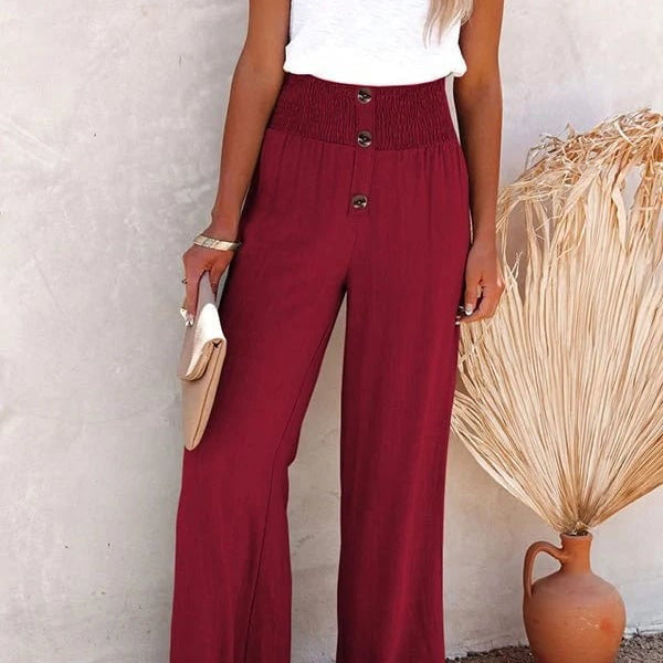 Pantalón ancho de mujer – Cintura alta – Cinturilla fruncida – Botones en la parte delantera