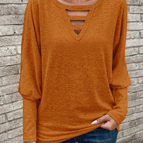 Top de manga larga para mujer – Punto suave – Corte holgado – Elegante escote en pico calado