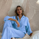 Conjunto de ropa de estar por casa para mujer – Corte holgado – Tejido ligero – Camisa abotonada – Pantalón ancho