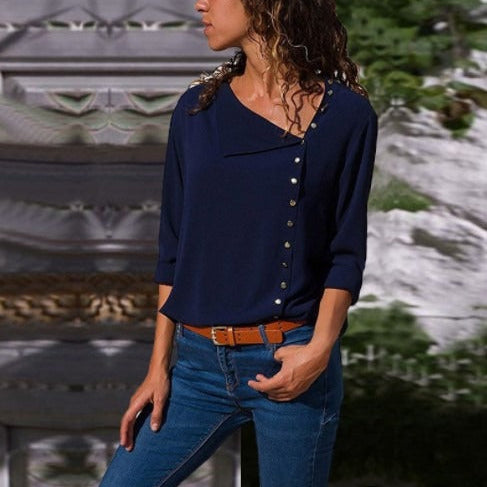 Camisa de mujer – Corte relajado – Mangas largas – Botonadura asimétrica – Estilo casual
