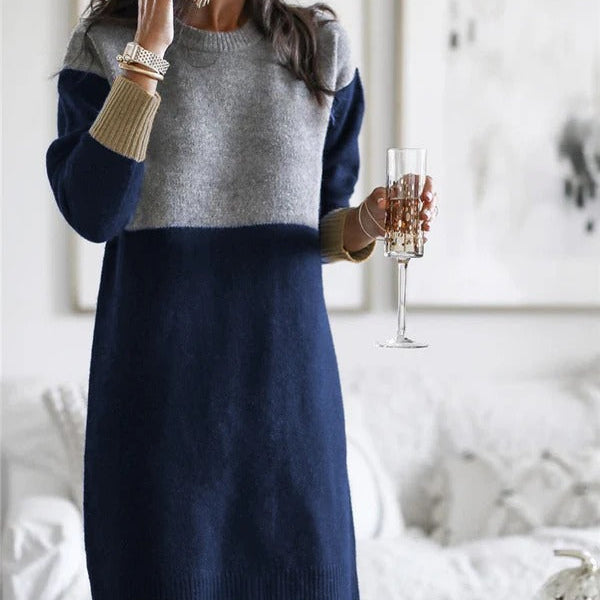 Vestido de punto para mujer – Corte holgado – Lana – Mangas largas – Bloques de color